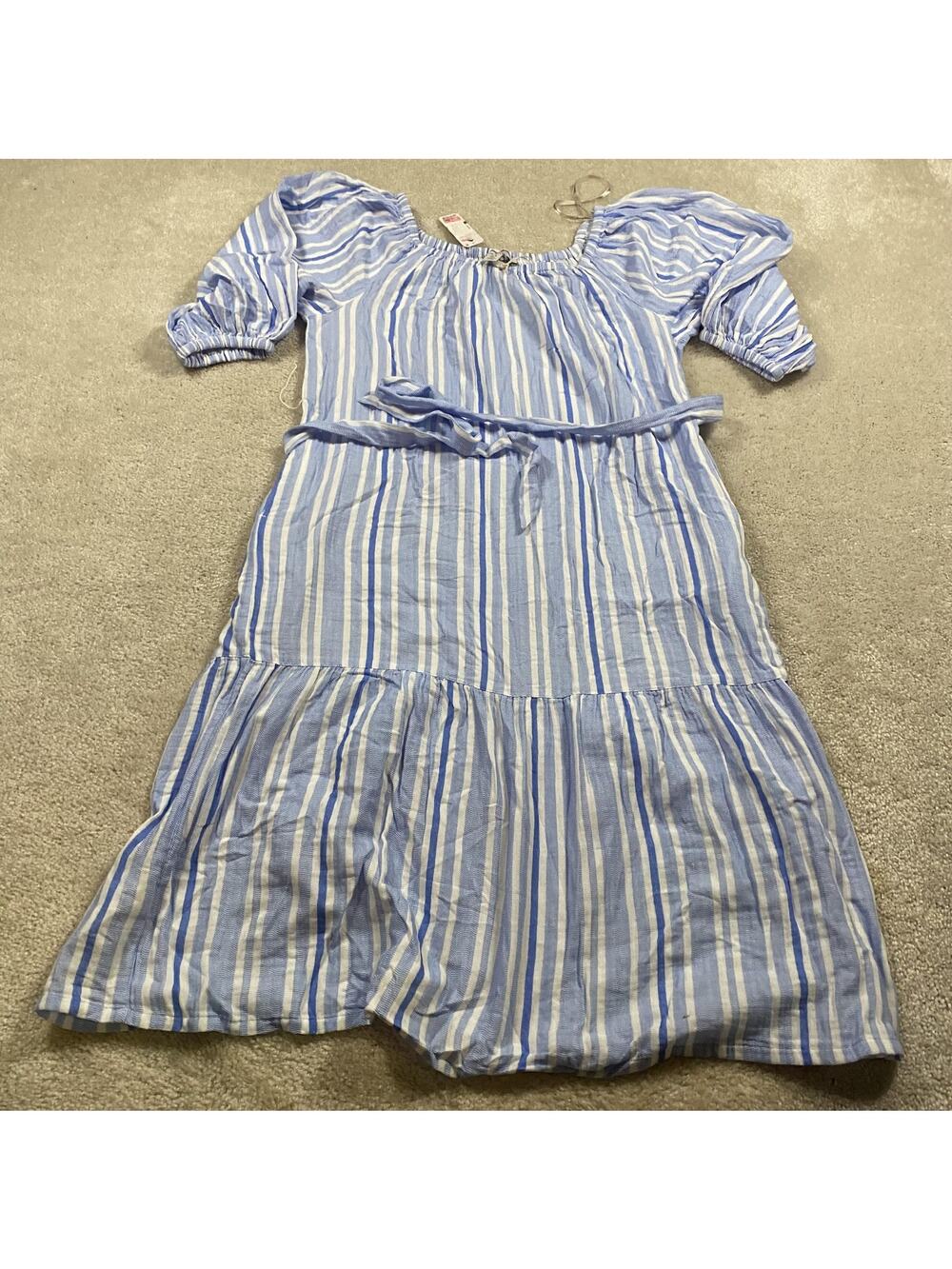 Tommy Bahama Dress Womens L Blue Stripe Island Gauze Puff Sleeve Tiered Belted